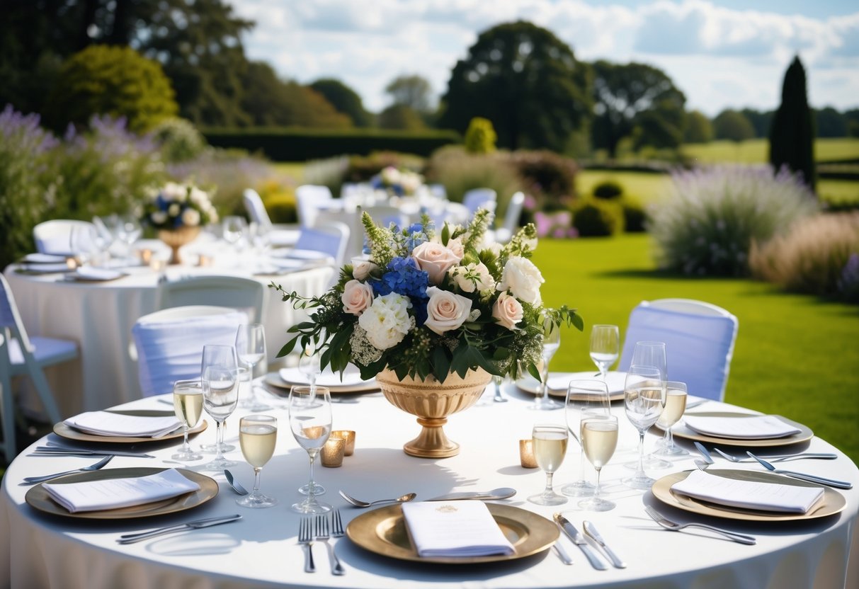 An elegant table setting with floral centerpieces and place settings, surrounded by a picturesque outdoor wedding venue in the UK