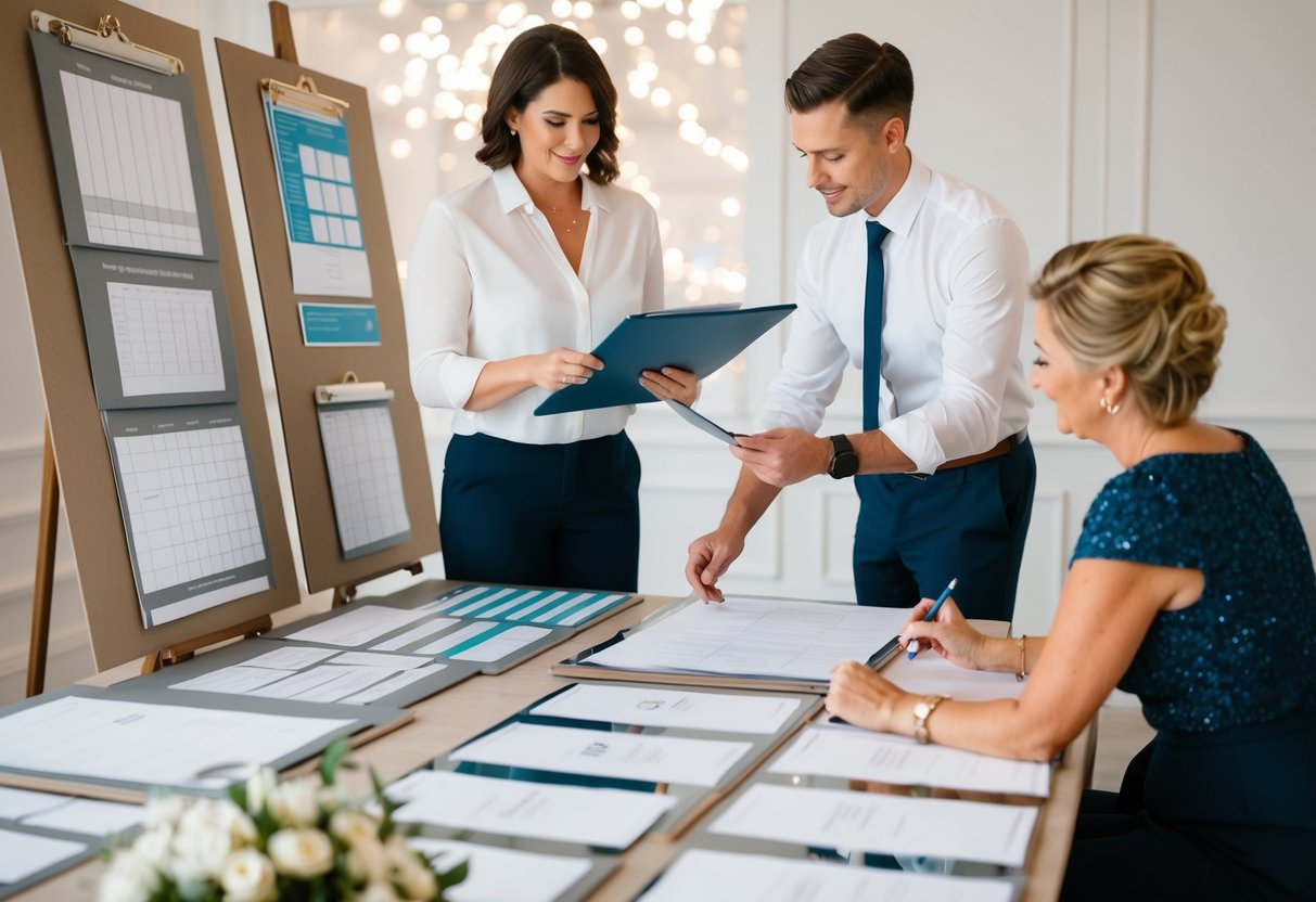 A wedding planner surrounded by design boards, while a coordinator organizes seating charts and schedules