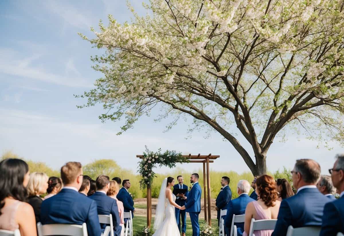 A simple outdoor ceremony under a blooming tree, with minimal decorations and a small gathering of loved ones