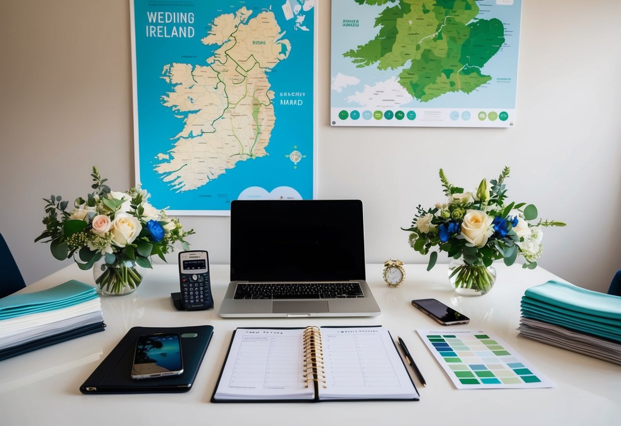 A wedding planner's desk with a laptop, phone, and planner. A map of Ireland on the wall. Flowers and fabric swatches scattered around