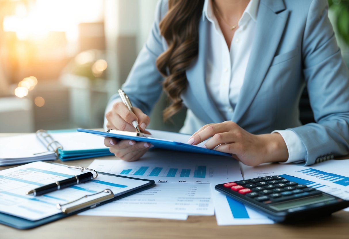 A wedding planner with a clipboard and calculator, sitting at a desk surrounded by budget spreadsheets and financial documents