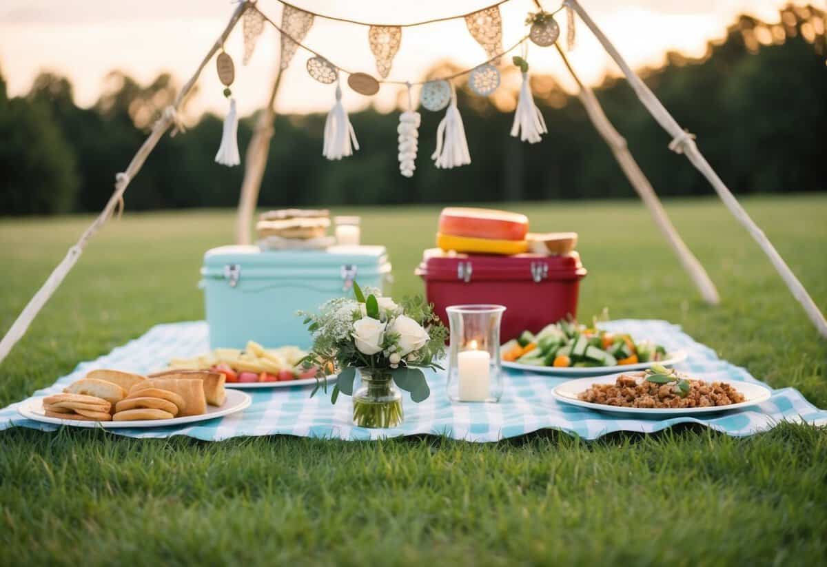 A simple outdoor picnic wedding with homemade decorations and potluck-style food
