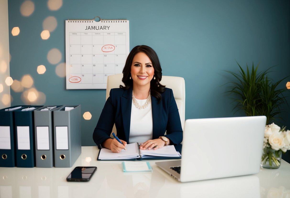 A wedding planner sits at a desk surrounded by binders, a laptop, and a phone. A calendar with dates circled is visible on the wall