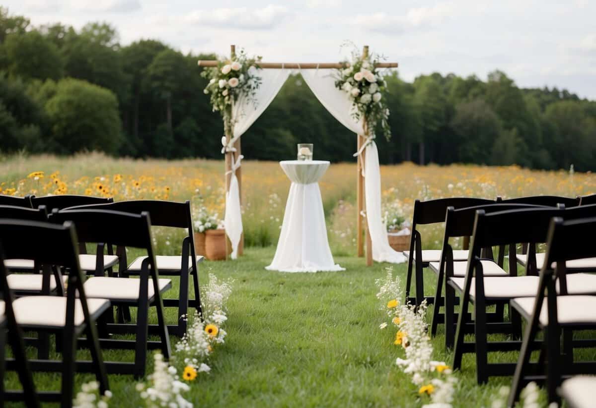 A simple outdoor wedding with a makeshift altar, folding chairs, and wildflower decorations