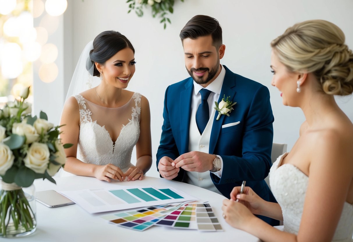 A bride and groom sit with a wedding planner, discussing details and looking at sample designs and color swatches