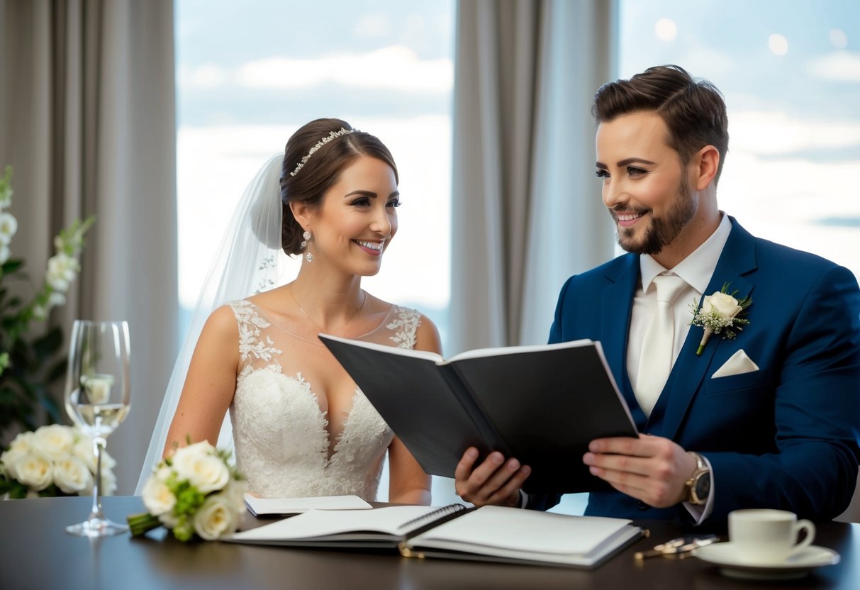 A bride and groom sit across from a wedding planner at a table, discussing details and flipping through a portfolio of venue options
