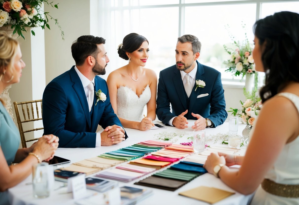 A bride and groom sit across from a wedding planner, discussing venue options and floral arrangements. A table is covered in fabric swatches and sample centerpieces