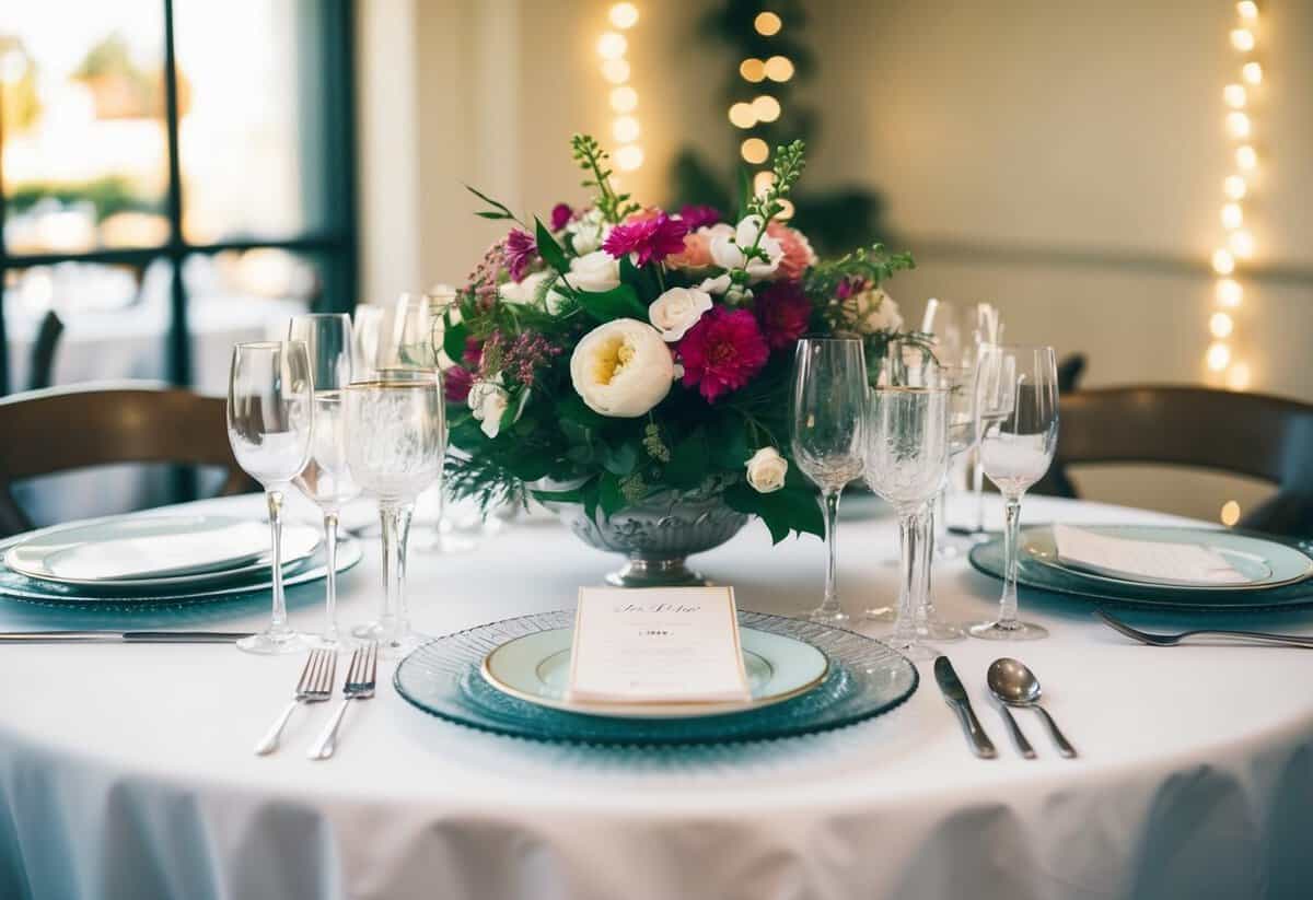 A table set with a floral centerpiece, fine china, and sparkling glassware
