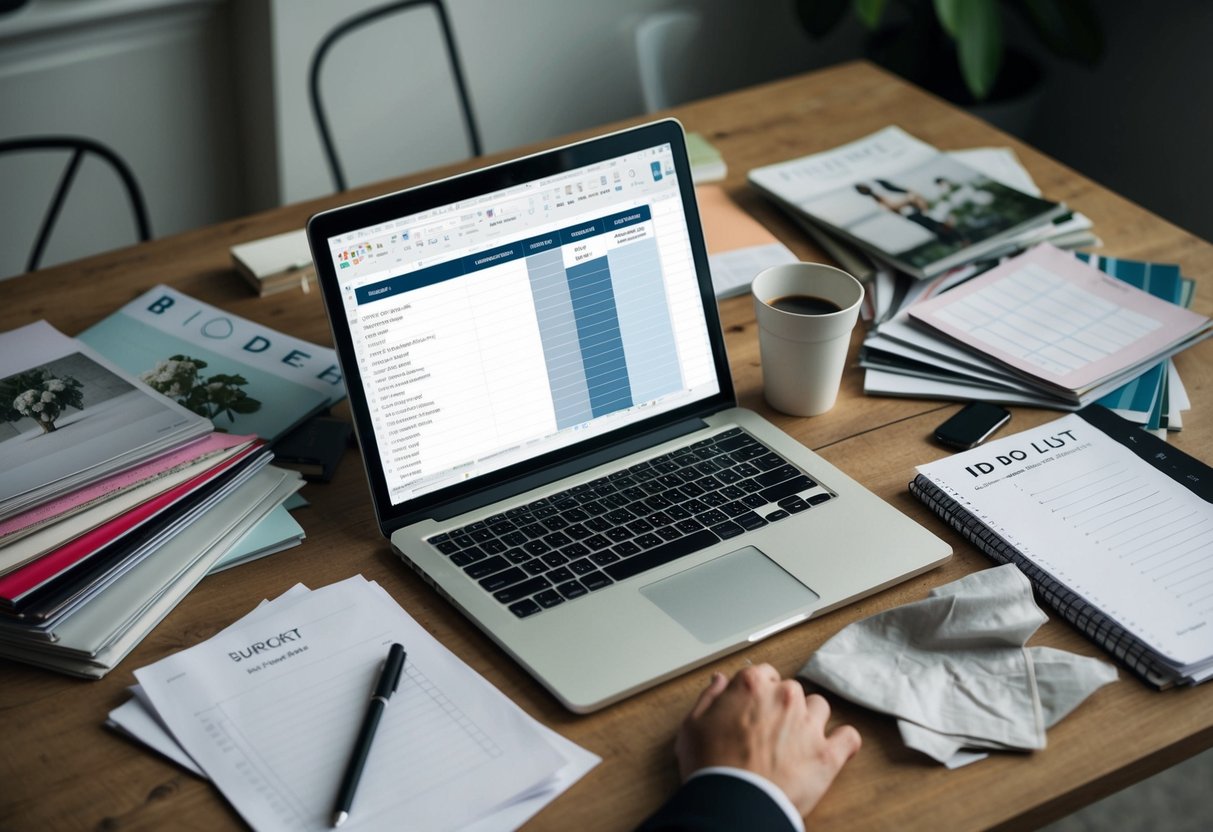 A cluttered desk with scattered wedding magazines, fabric swatches, and a laptop open to a budget spreadsheet. An empty coffee cup sits next to a crumpled to-do list