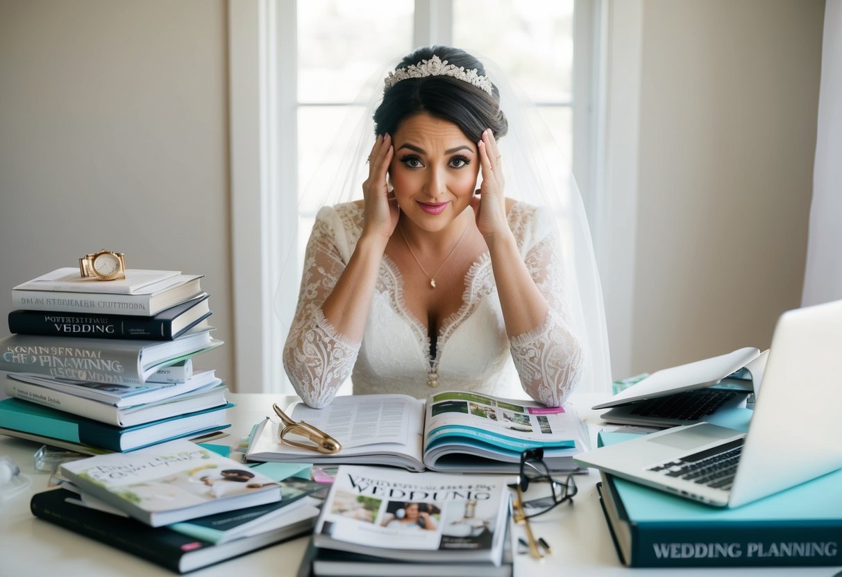 A bride sitting at a cluttered desk with a frazzled expression, surrounded by wedding planning books, magazines, and a laptop