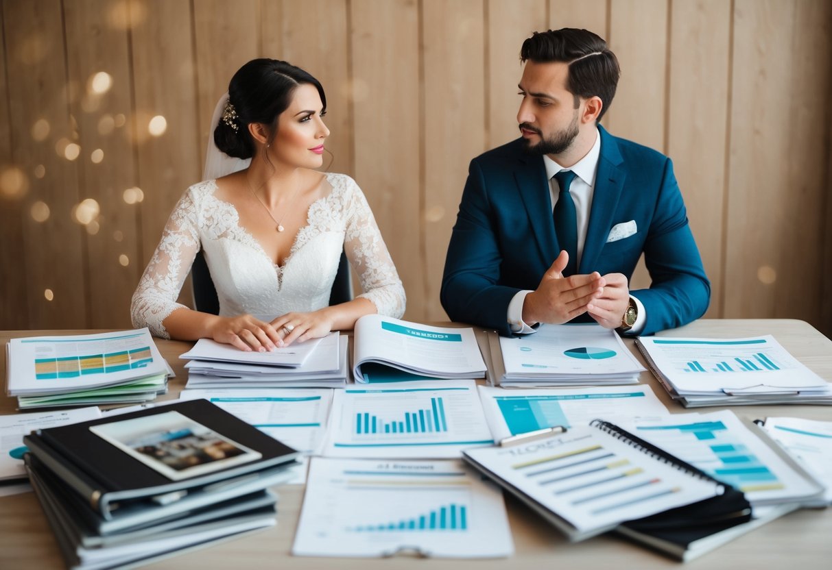 A couple sits at a table covered in wedding magazines and spreadsheets, discussing plans and looking stressed