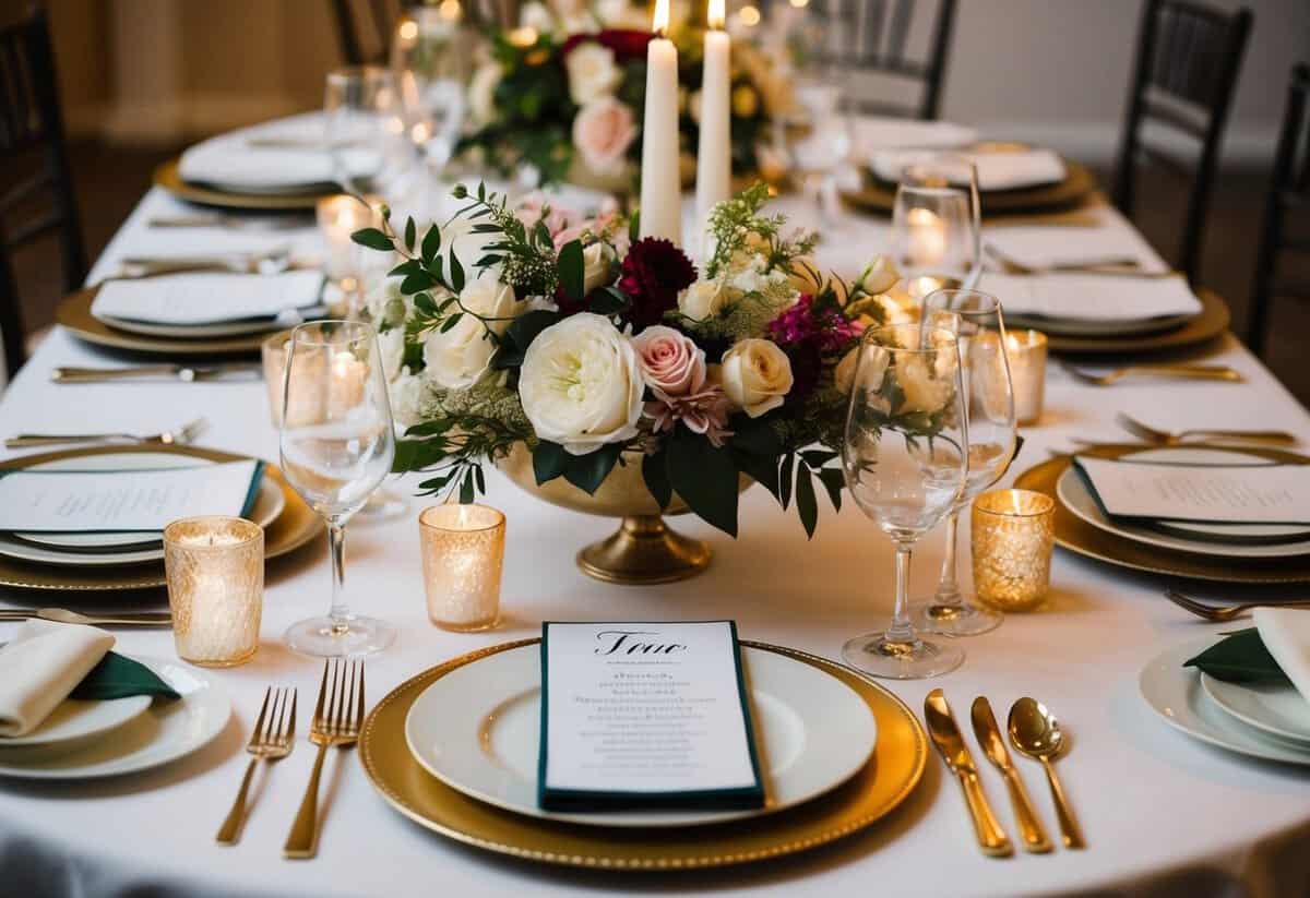A table set with elegant place settings, adorned with fresh flowers and flickering candles, awaits the final touches before the big day