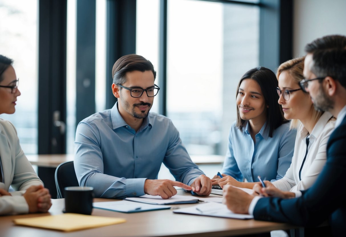 A person sits at a desk, pointing to a list of tasks while others listen and take notes