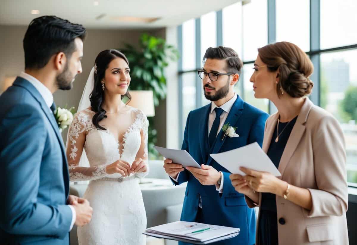 A pre-wedding consultation: a bride and groom discussing details with a wedding planner, looking at venue options and discussing their vision for the big day