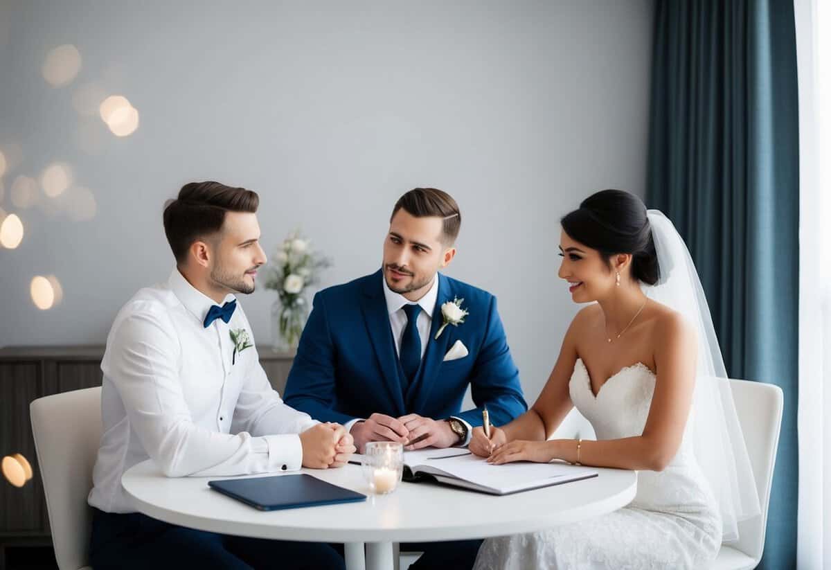 A pre-wedding consultation: the bride and groom sit with the wedding planner, discussing details and making decisions about the big day