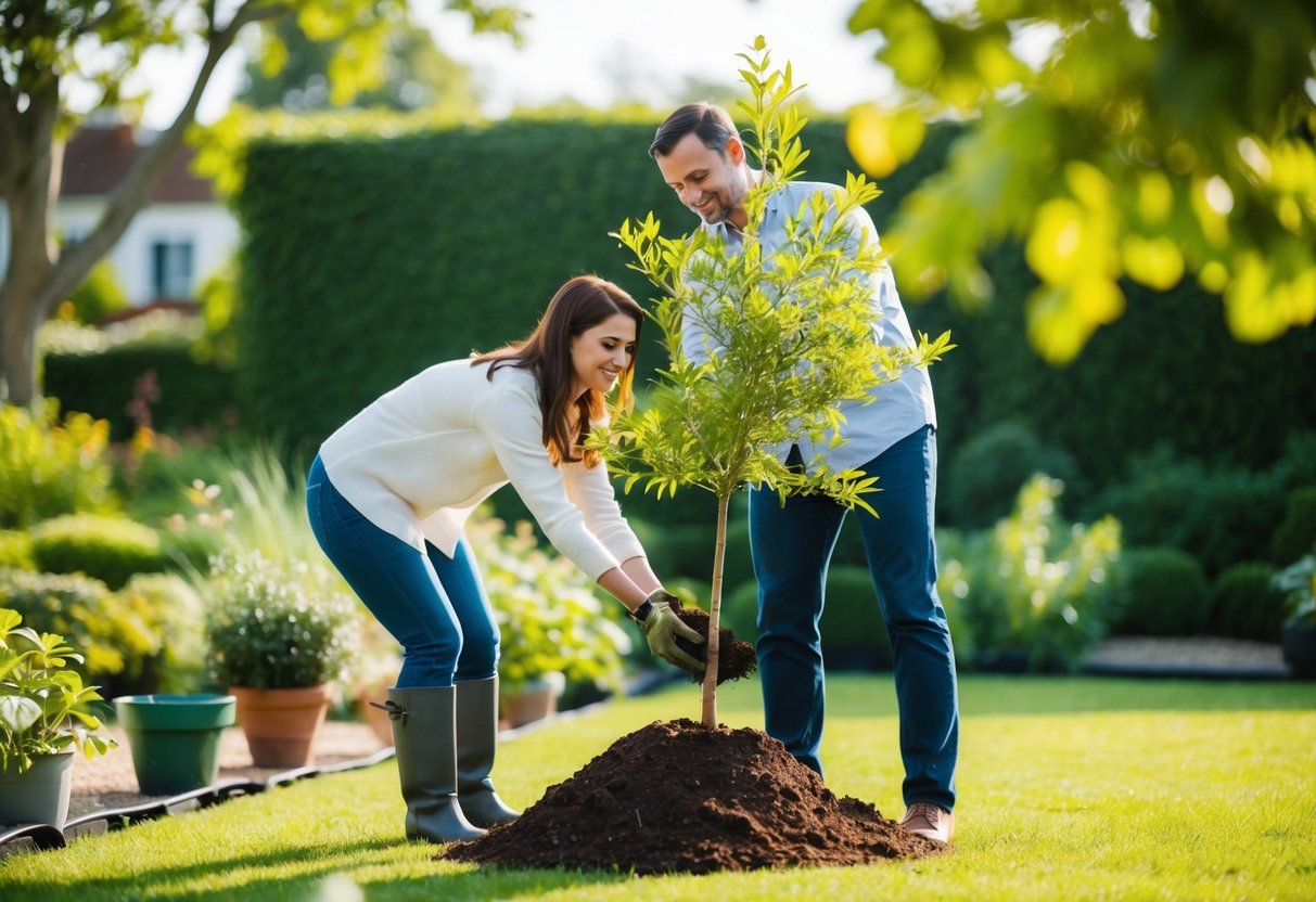 A couple planting a tree together in a lush garden