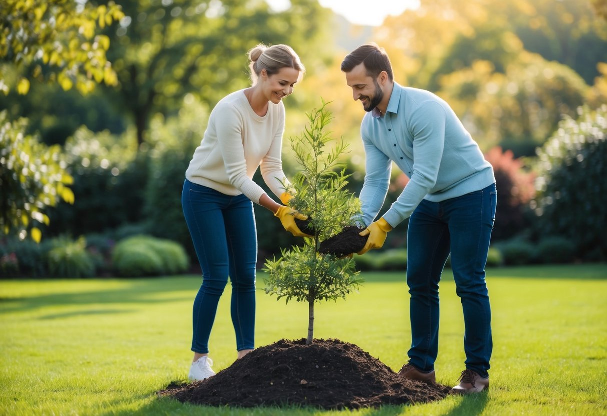 A couple planting a tree together in a garden, symbolizing the growth and foundation of their relationship