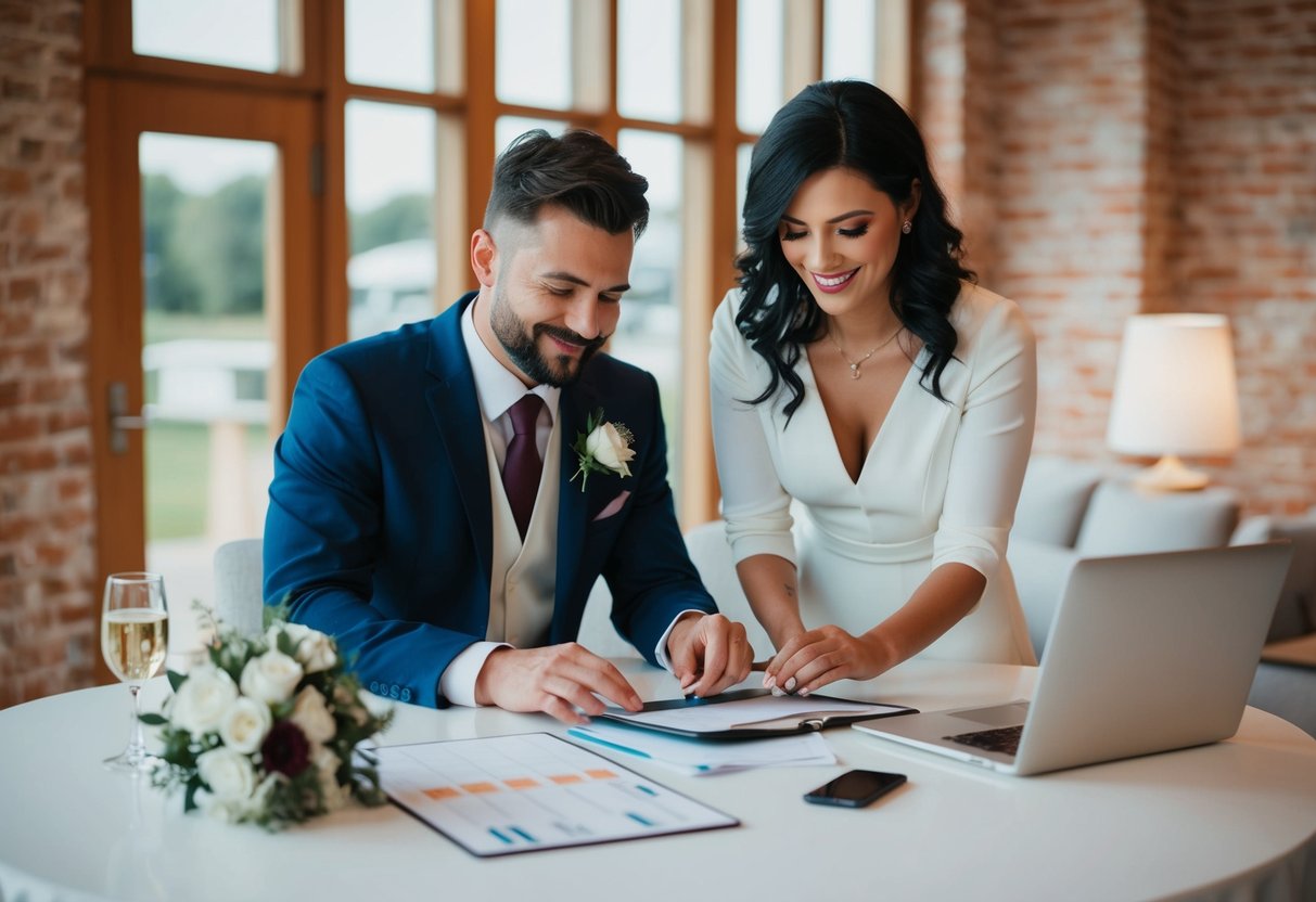 A couple researching wedding venues and creating a timeline