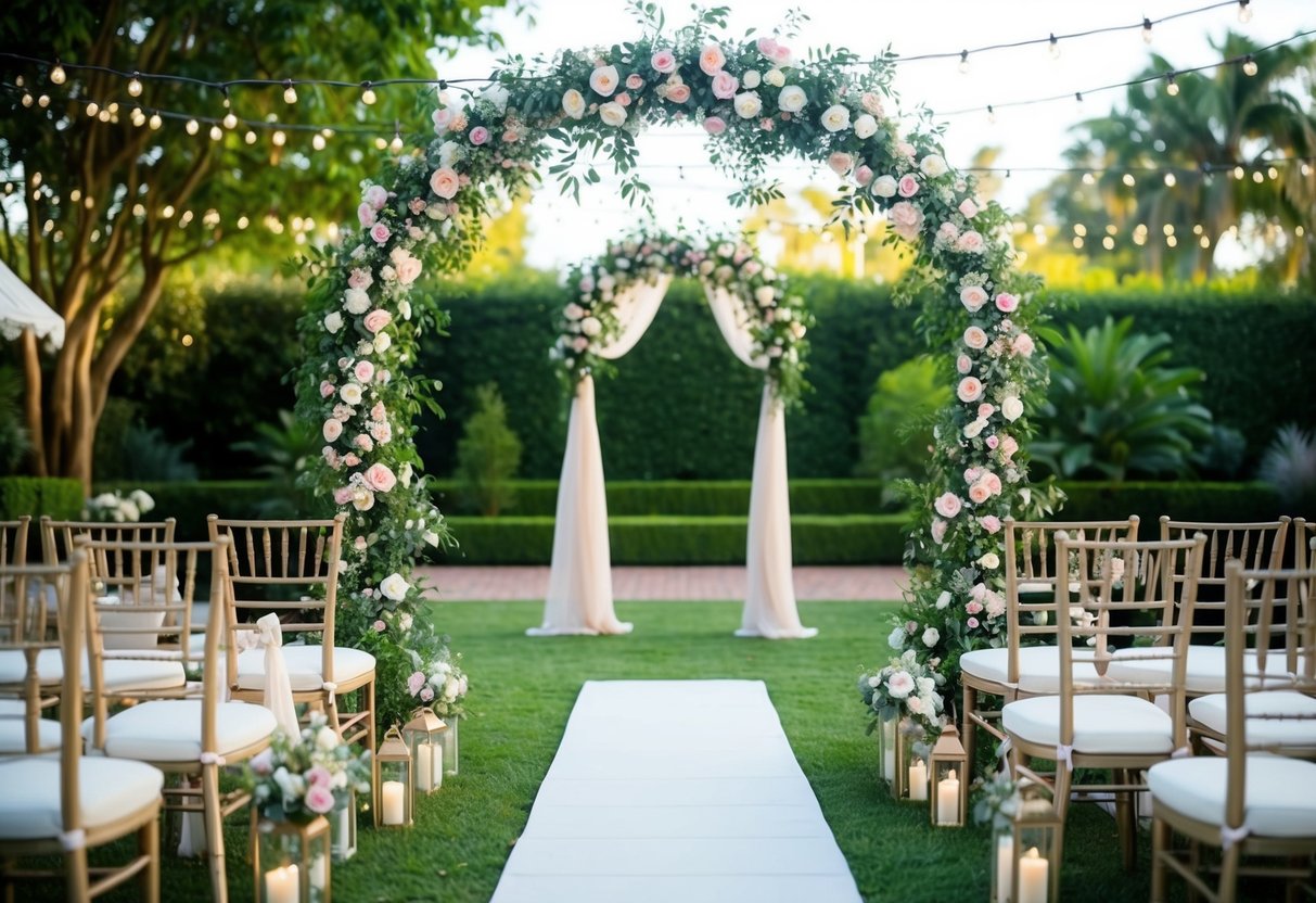 A festive wedding arch adorned with flowers and twinkling lights stands in a lush garden setting, surrounded by elegant chairs and a romantic aisle