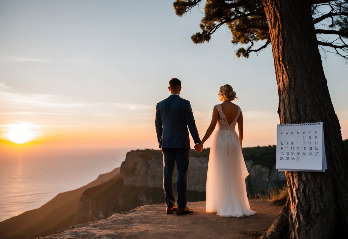 A couple stands on a cliff overlooking a sunset, holding hands and looking toward the horizon. A calendar with the wedding date circled hangs on a nearby tree