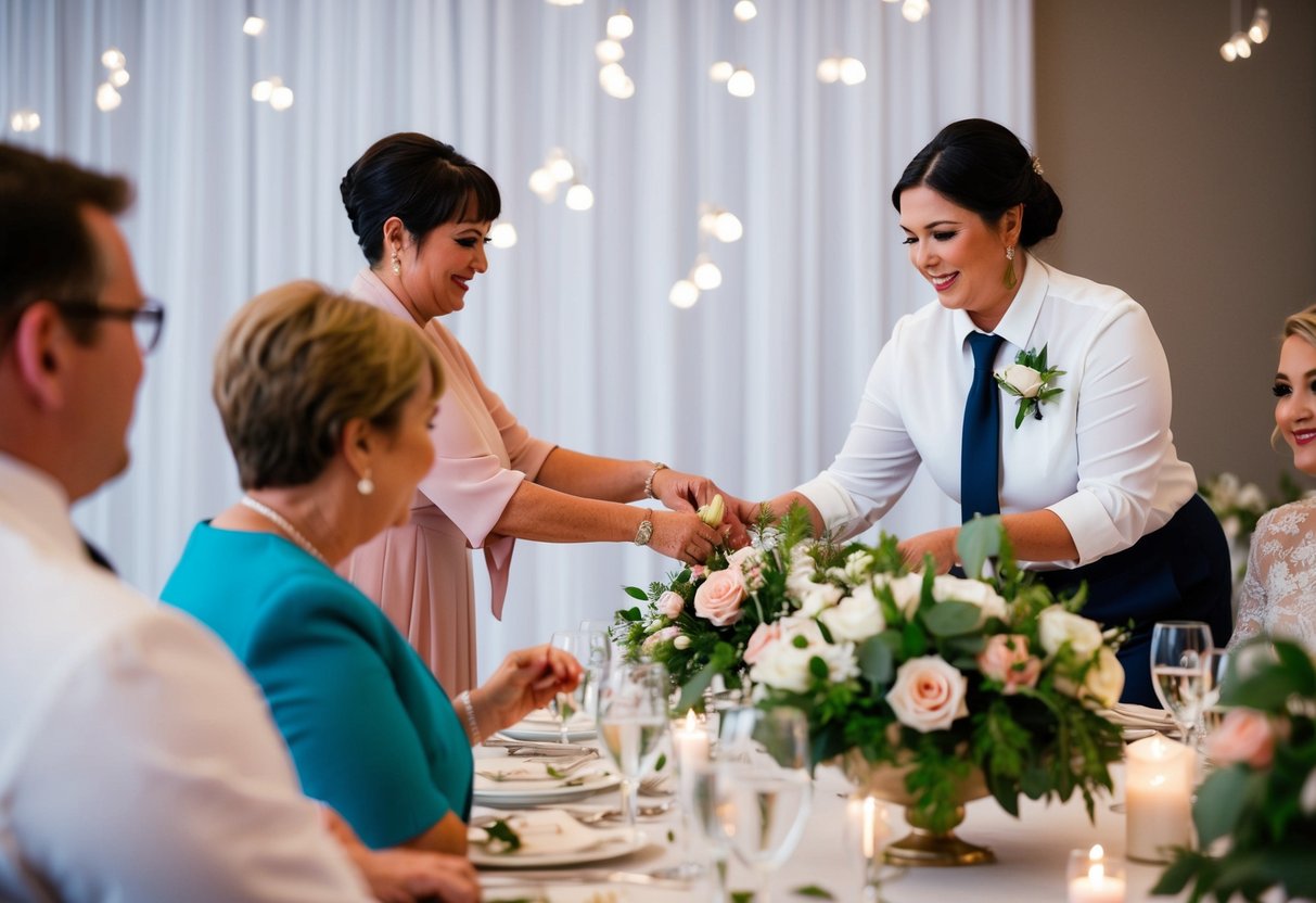A wedding planner coordinating seating arrangements and floral arrangements for a reception