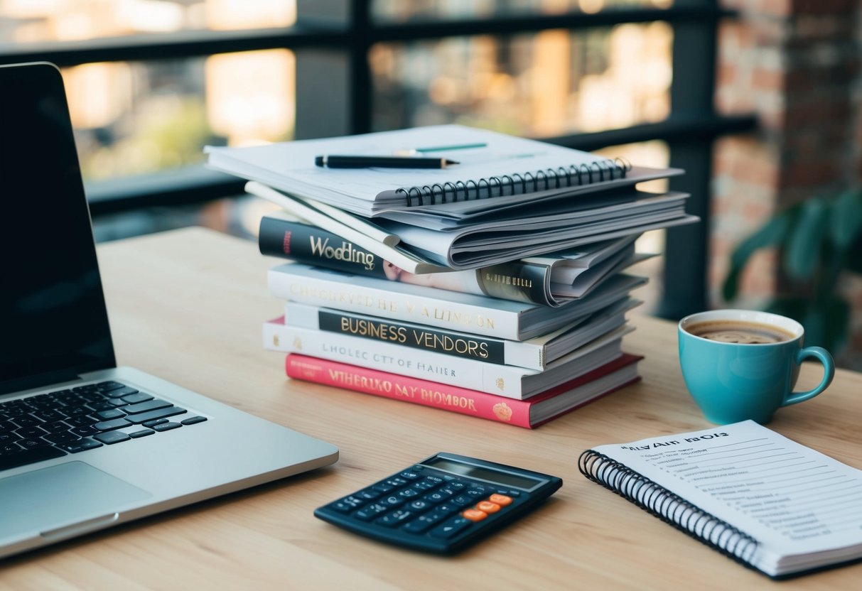 A desk with a laptop, planner, and calculator. A stack of wedding magazines and business books. A cup of coffee and a notepad with a list of potential vendors