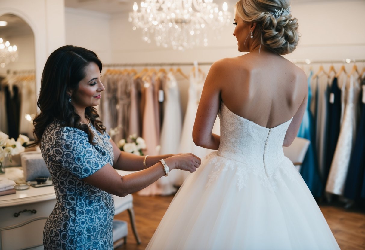 A bride's dress being carefully selected and fitted by a seamstress in a bustling bridal boutique