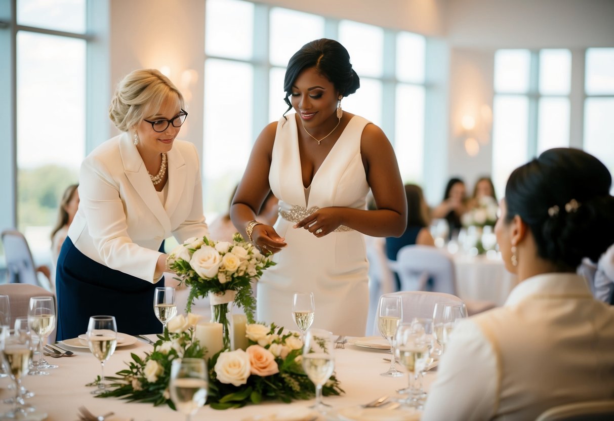 A wedding consultant organizing seating arrangements and decorations