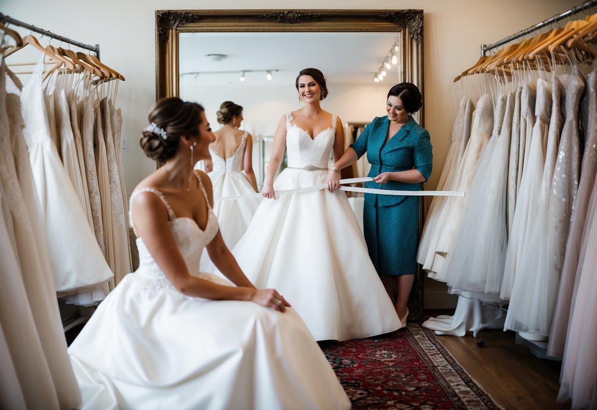 A bride sits in a cozy bridal boutique, surrounded by racks of white dresses and a large mirror. A seamstress measures a dress while the bride looks on, smiling with anticipation
