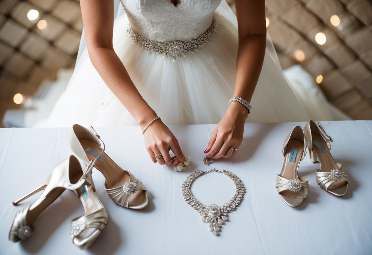 A bride-to-be carefully selects jewelry and shoes to complement her wedding dress, laid out on a table