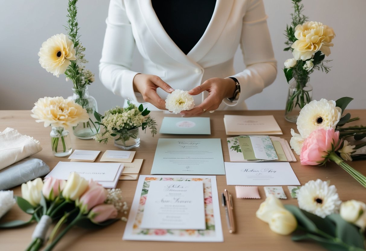 A wedding consultant surrounded by flowers, fabric swatches, and invitation samples, organizing and planning for the big day