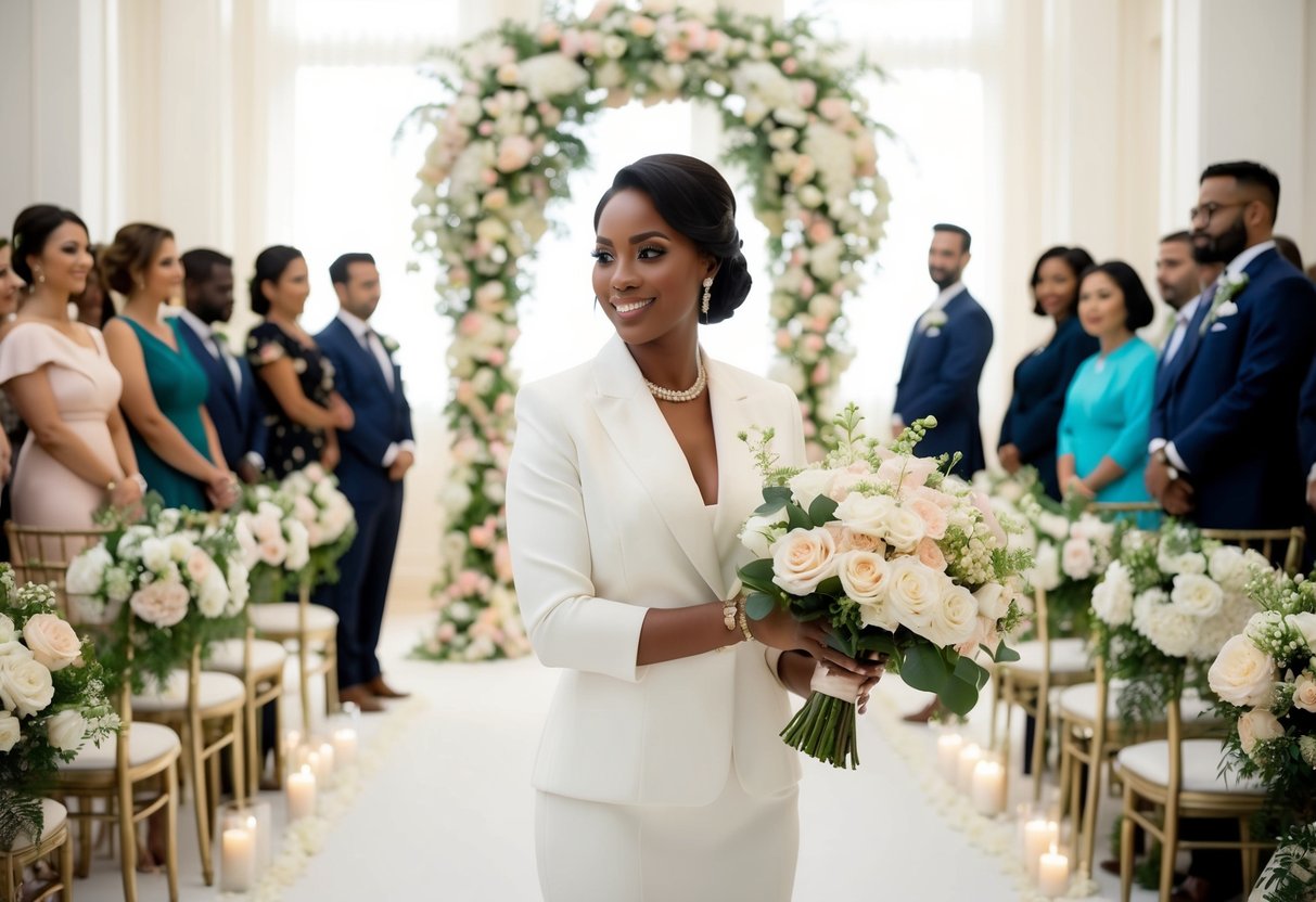 A wedding consultant oversees a grand ceremony in a lavish venue, coordinating flowers, decor, and guests with precision and grace