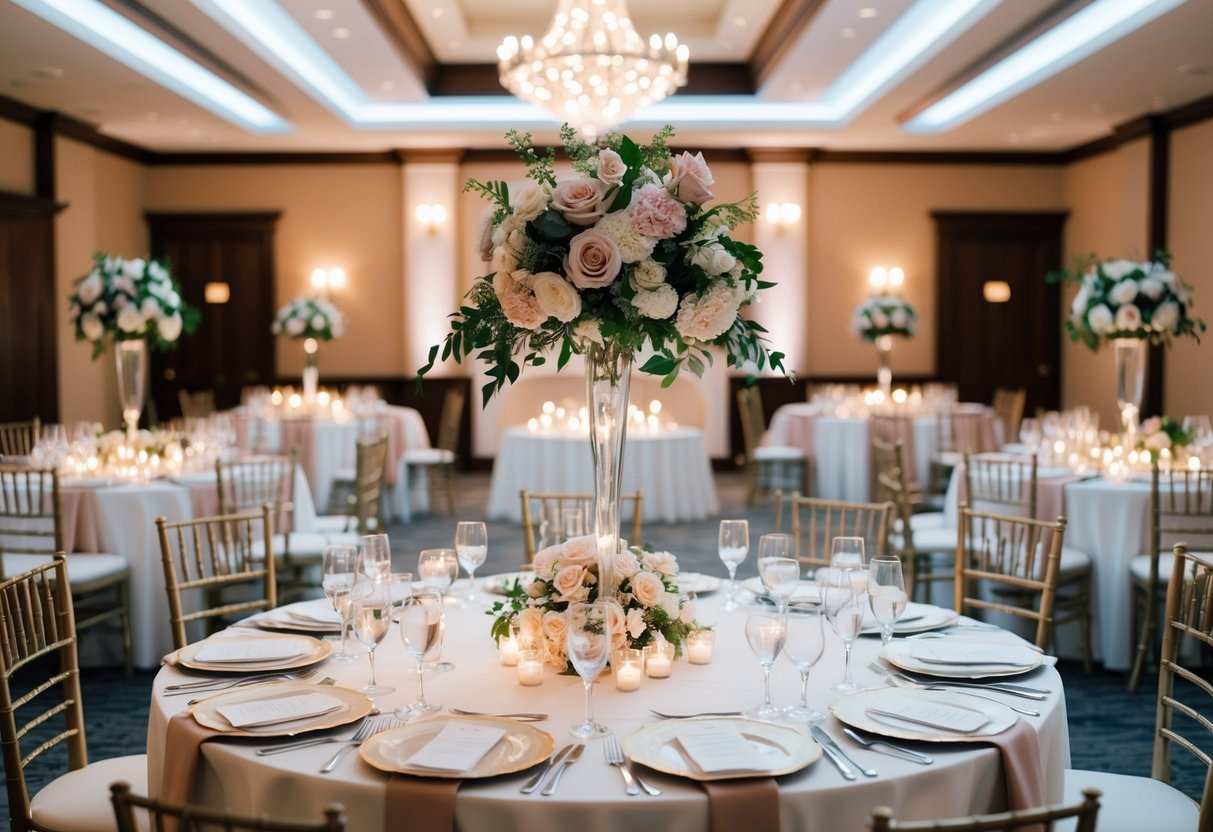 A beautifully decorated wedding venue with flowers, elegant table settings, and romantic lighting