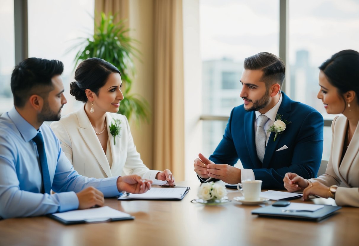 A wedding consultant meeting with various service providers, discussing details and making arrangements for a wedding event