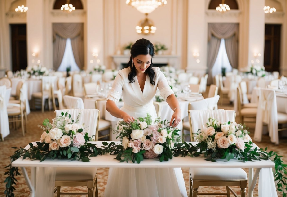 A wedding stylist arranging floral centerpieces and draping fabric over chairs in a grand ballroom