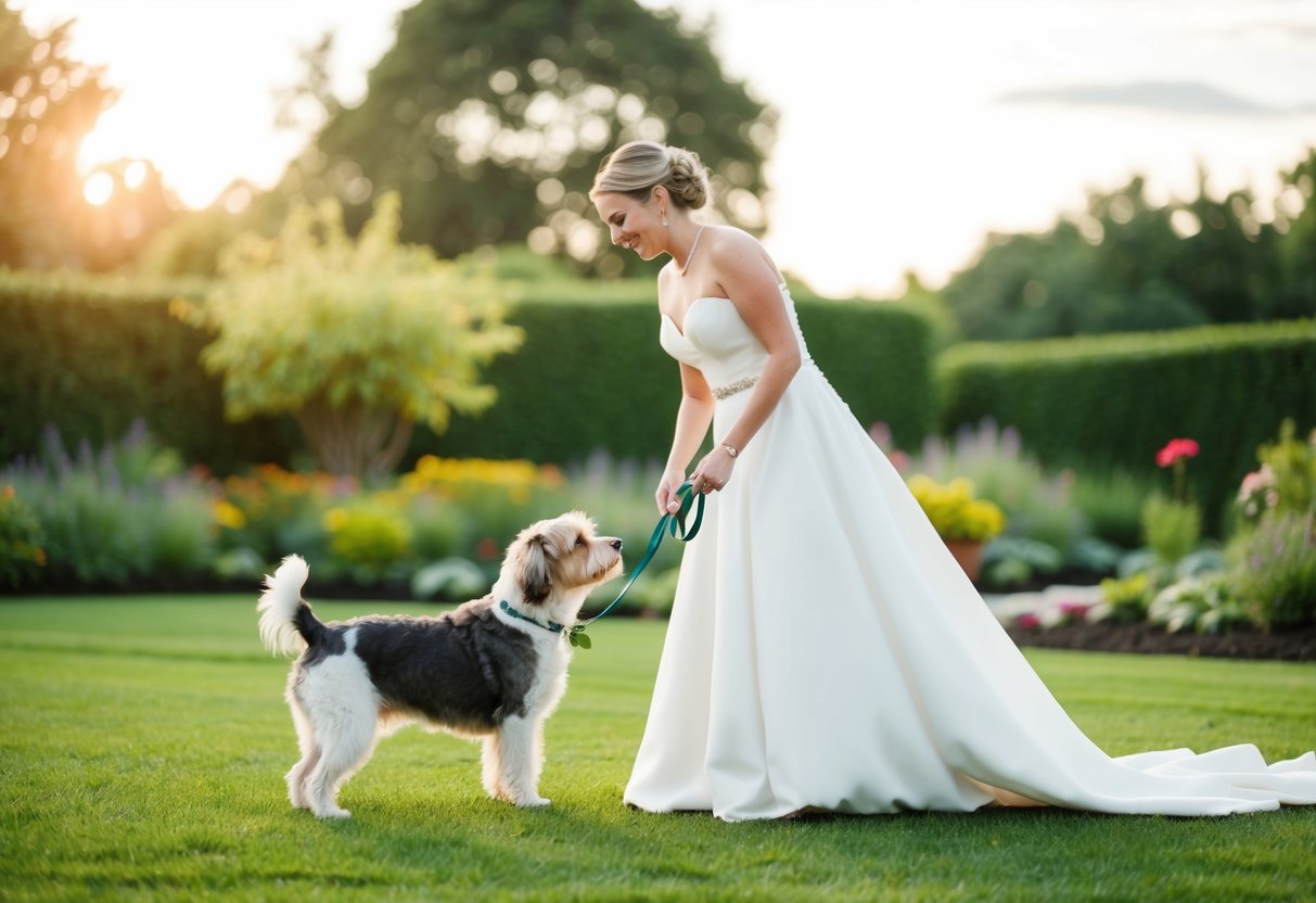 The bride does a first look with her pet dog in a garden