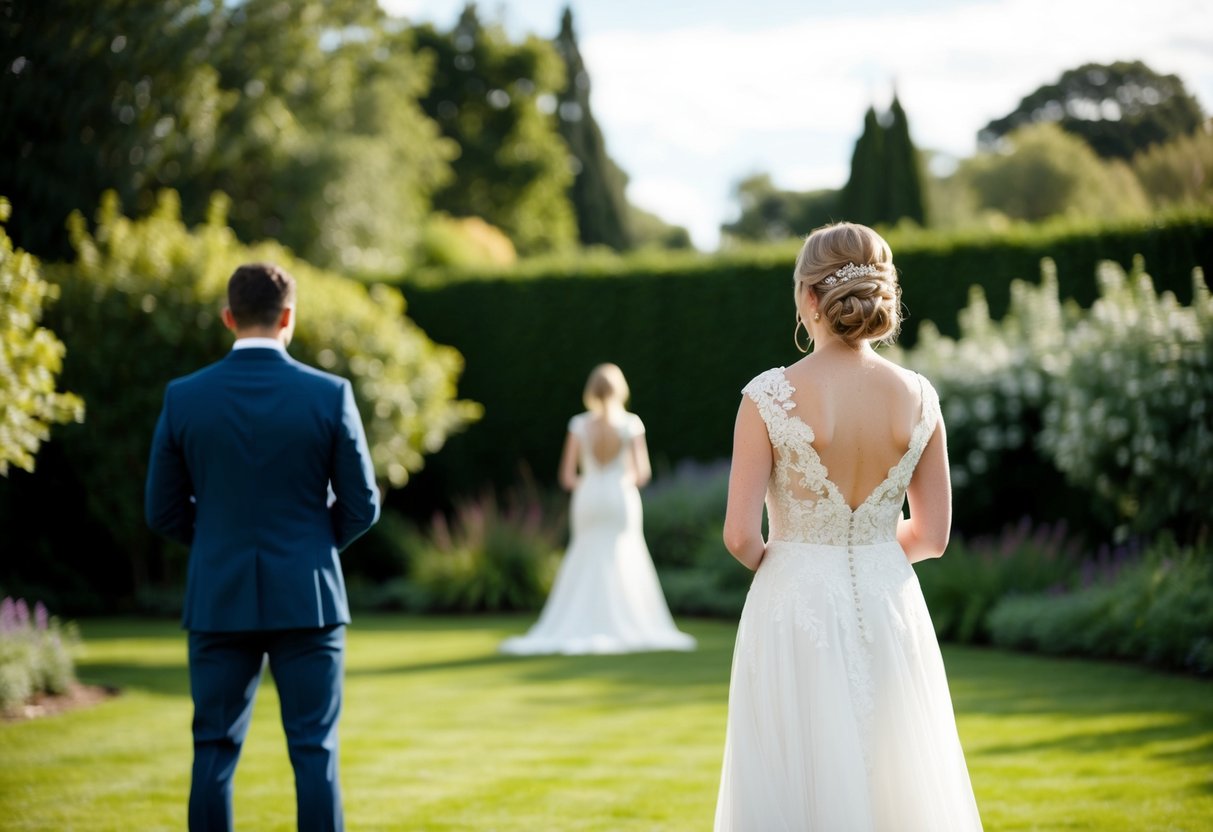 The bride stands in a garden, facing away from the camera, as someone approaches from behind