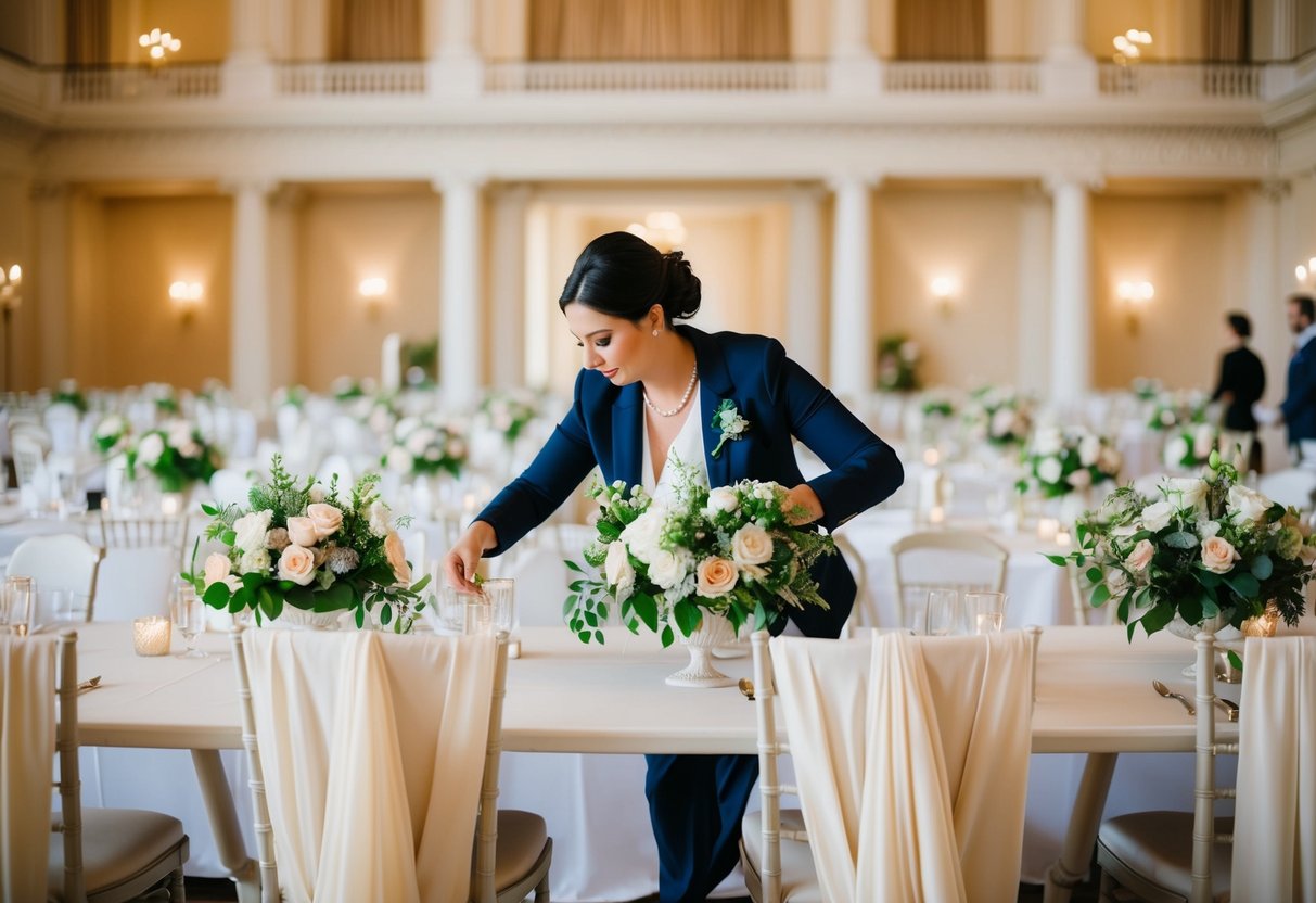 A wedding stylist arranging floral centerpieces and draping fabric over chairs in a grand ballroom