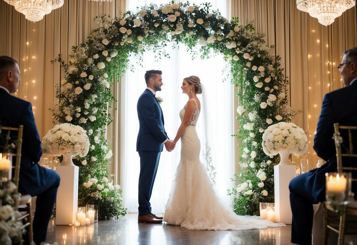 A bride and groom stand beneath a floral arch, surrounded by twinkling lights and elegant decor. The scene exudes romance and sophistication