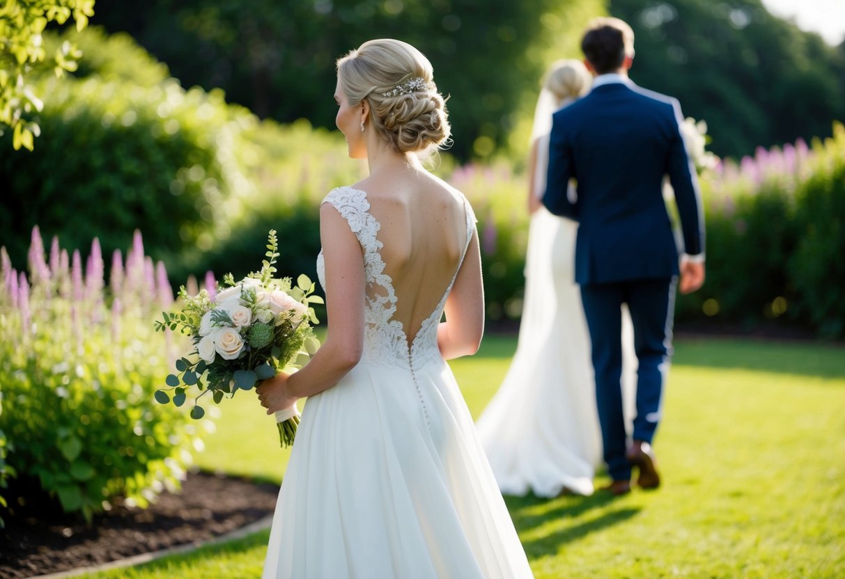 A bride stands in a garden, holding a bouquet. She turns to see someone approaching from behind