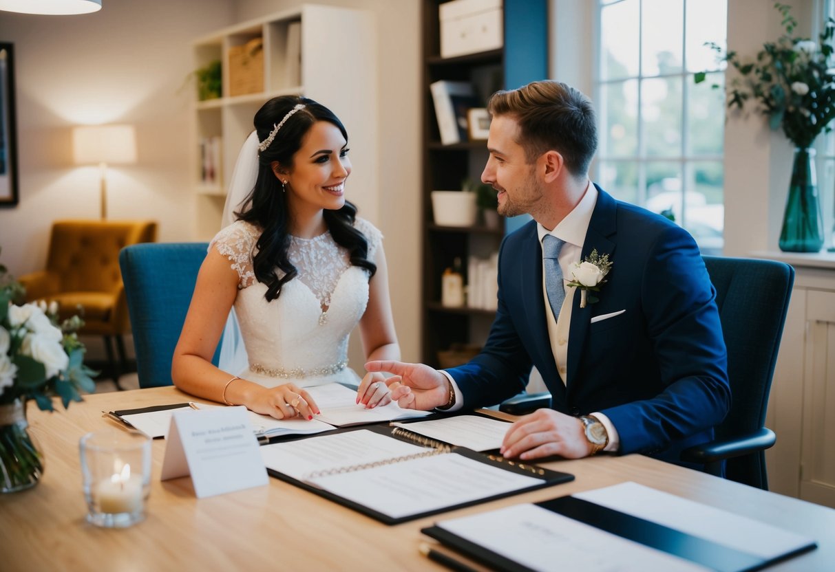 A couple and a wedding planner discussing details in a cozy, well-lit office with a desk and chairs