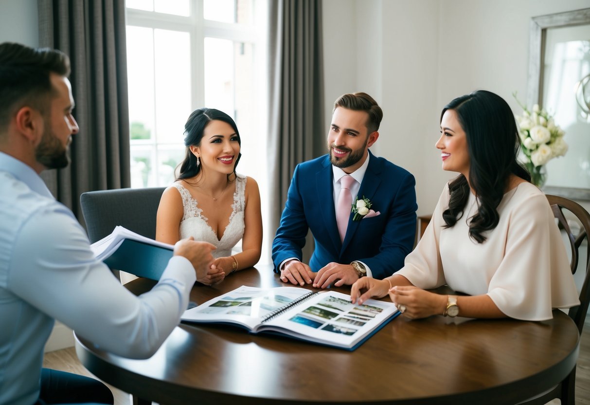 A couple sitting across from a wedding planner, discussing details and flipping through a portfolio of venue options