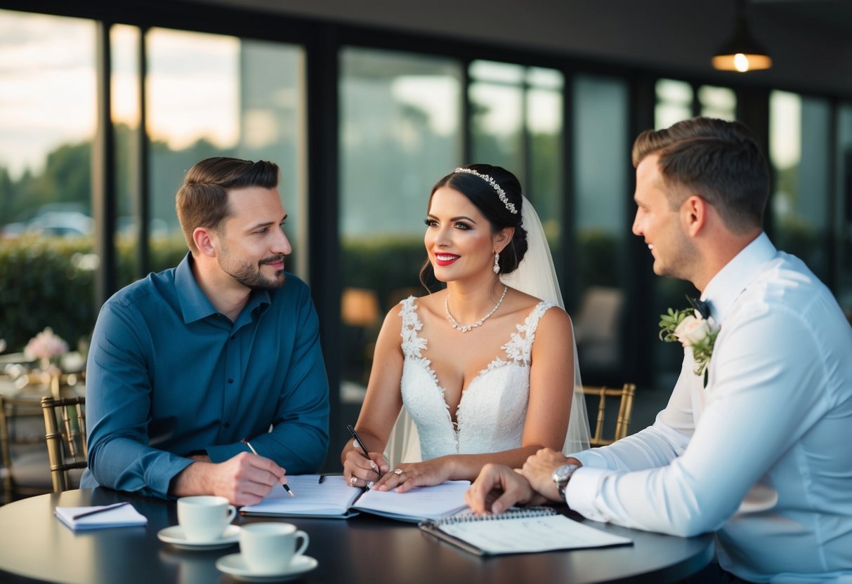 A photographer and a couple sit at a table, discussing details and timeline for their upcoming wedding. The photographer listens attentively and takes notes