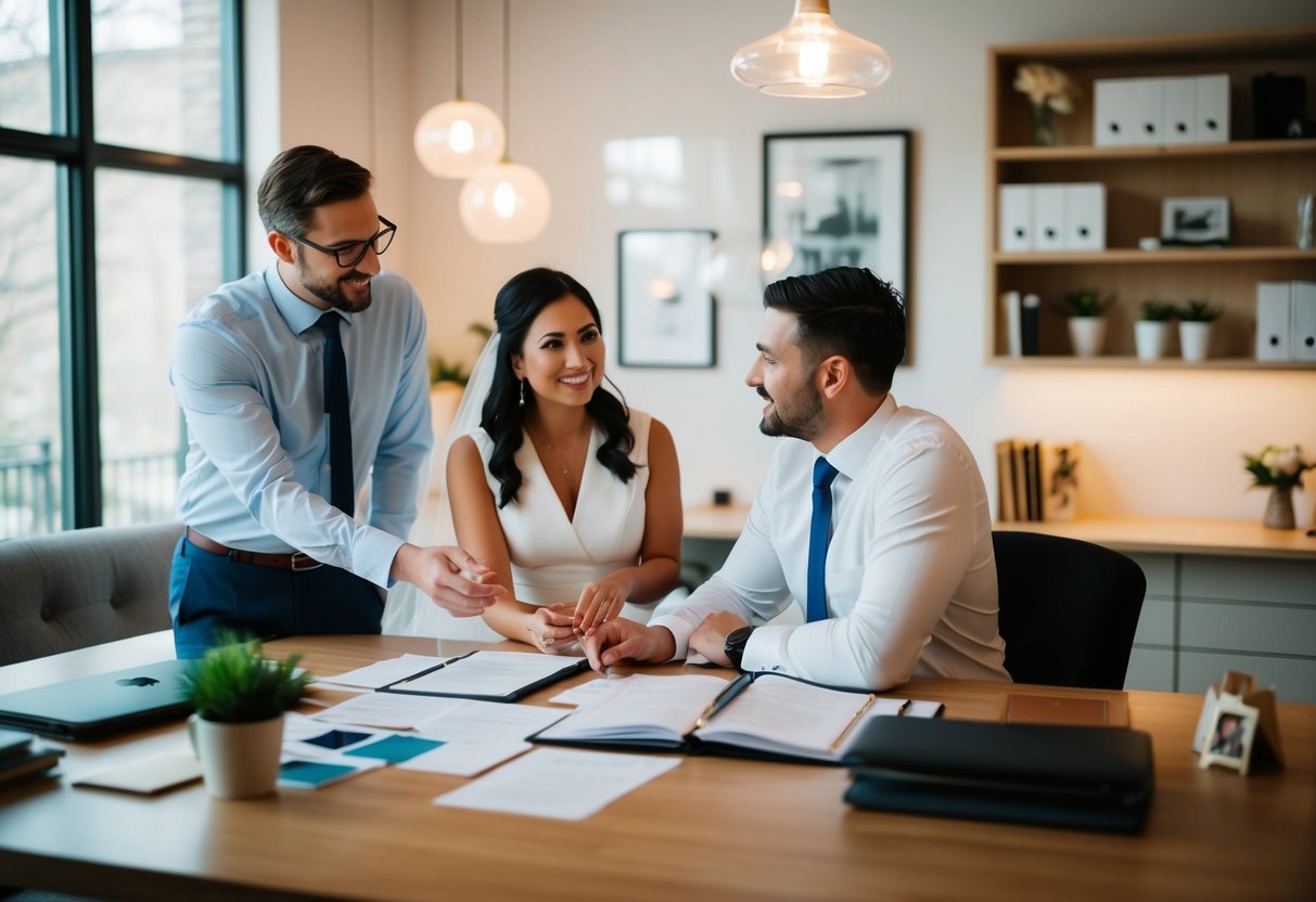 A couple and a wedding planner discussing details and sharing ideas in a cozy, well-lit office space