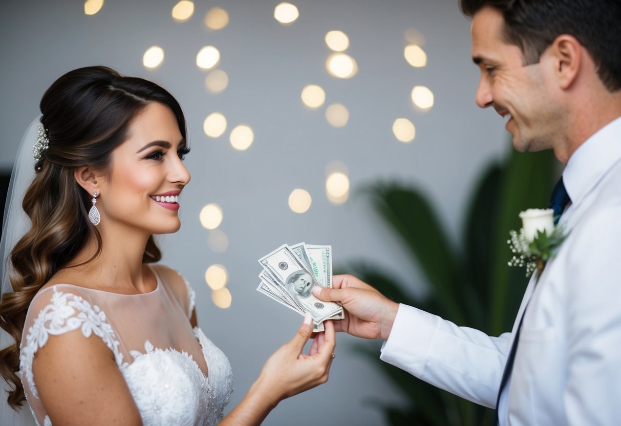 A bride hands money to a consultant with a smile