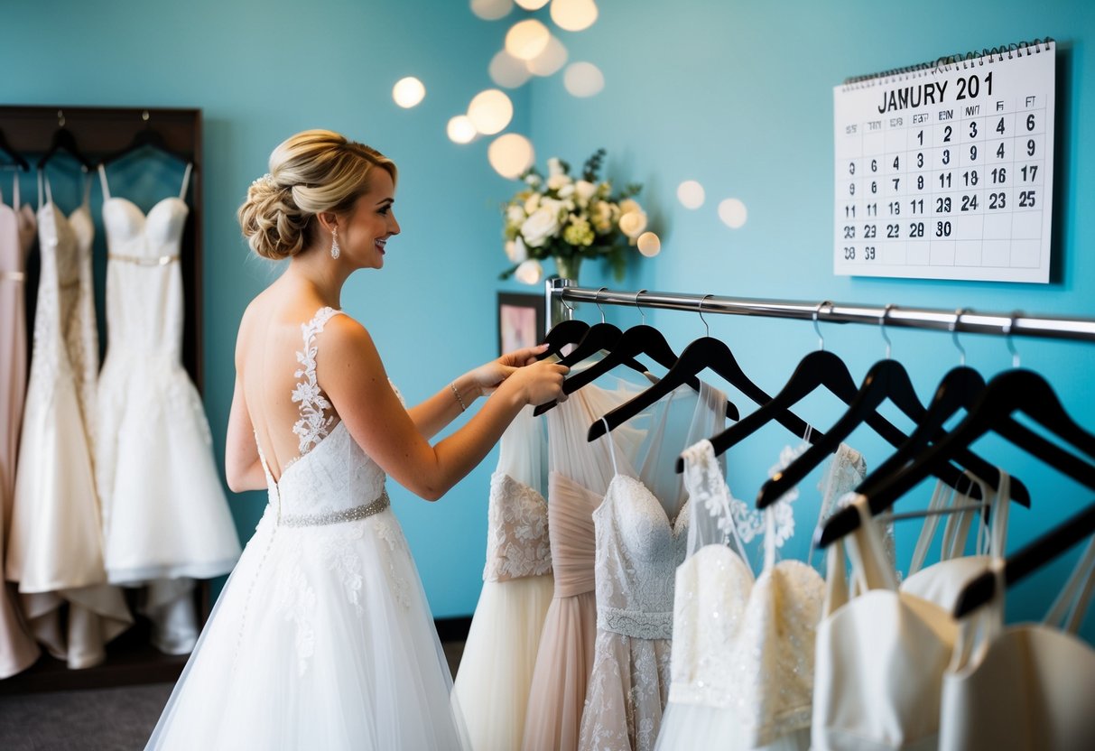A bride-to-be browsing through a selection of wedding dresses in a bridal boutique, with a calendar on the wall showing the date of her wedding