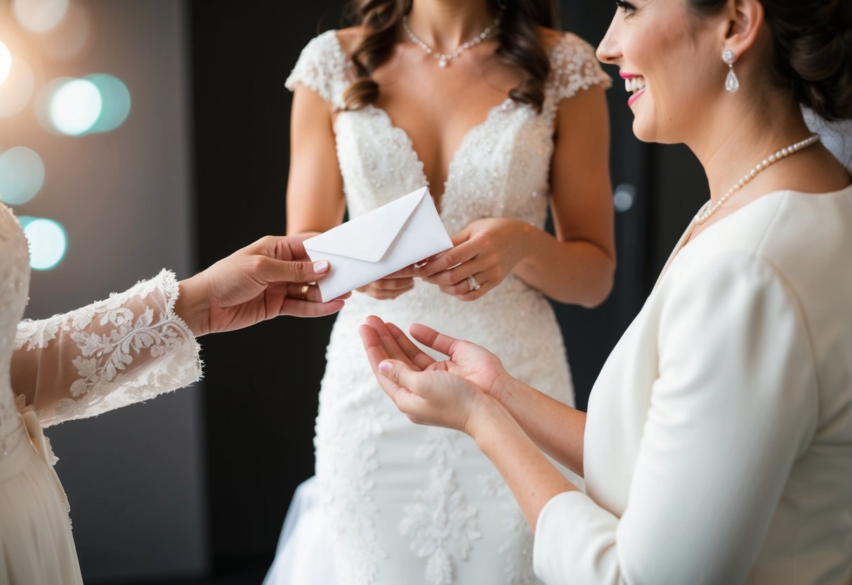 A bride hands a small envelope to her bridal consultant with a smile