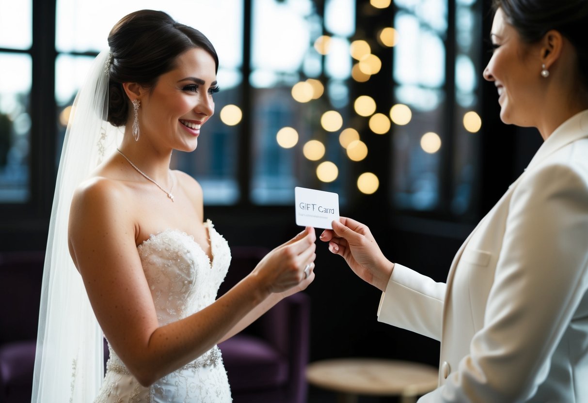 A bride handing a gift card to a smiling bridal consultant