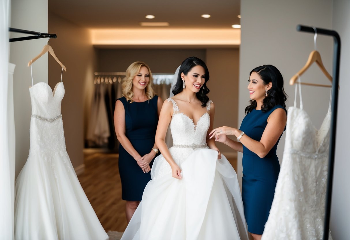 A bride-to-be trying on wedding gowns with a consultant offering guidance and support