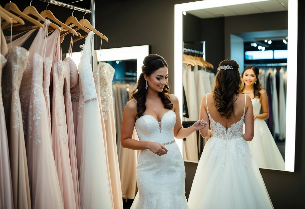 A bride browsing through wedding dress options in a boutique, surrounded by racks of gowns and a large mirror